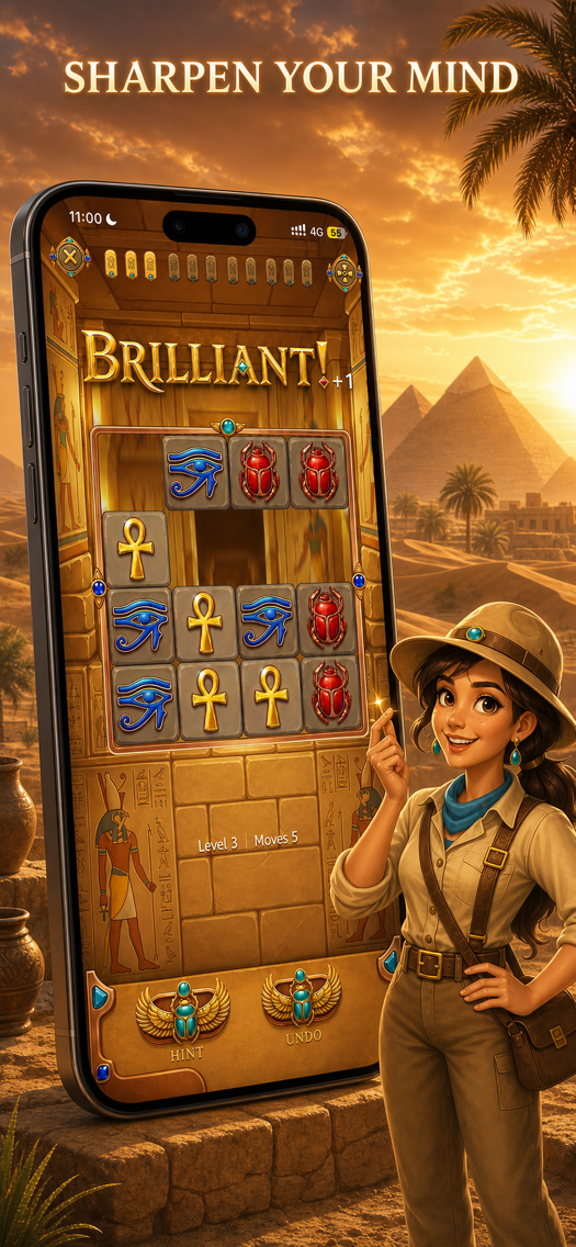 Egypt Tile Logic Puzzle gameplay screenshot showing ancient hieroglyphic tile matching